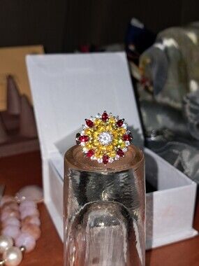 Yellow and Red  Australian Crystals Multi-Stone Floral Cocktail Ring